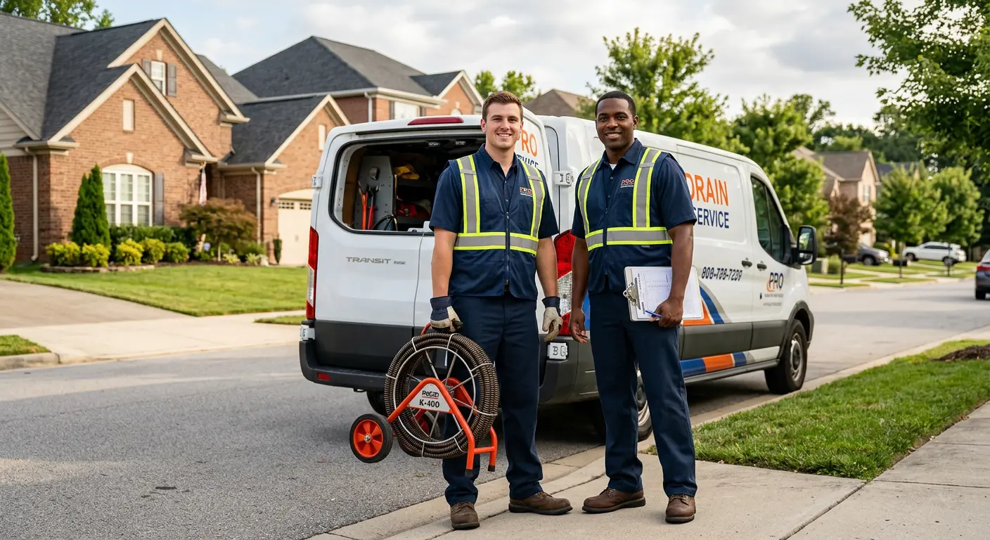 Sewer and drain service team with equipment ready for work in Rockville