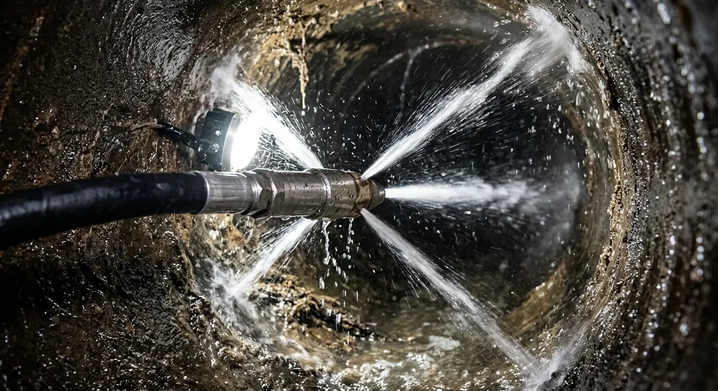 High-pressure hydro jetting nozzle cleaning sewer pipe for Sewer Cleanout in Rockville