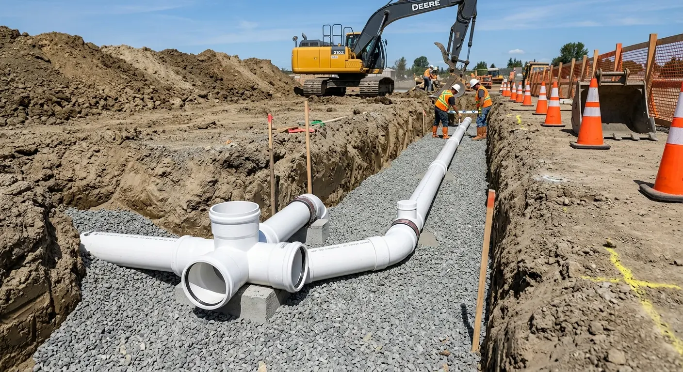 New PVC sewer pipe installation in open trench for Commercial Drain Cleaning in Rockville