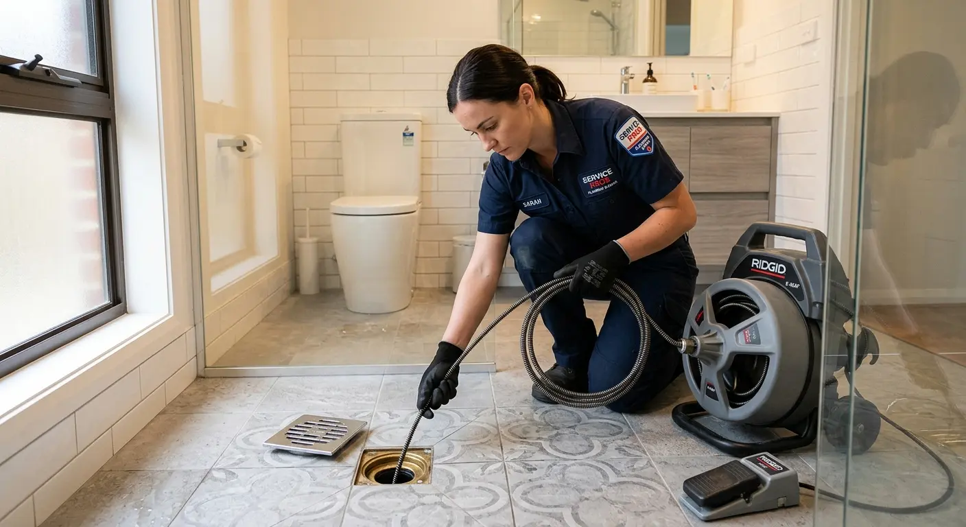 Technician clearing a bathroom floor drain for Sewer Line Replacement in Rockville